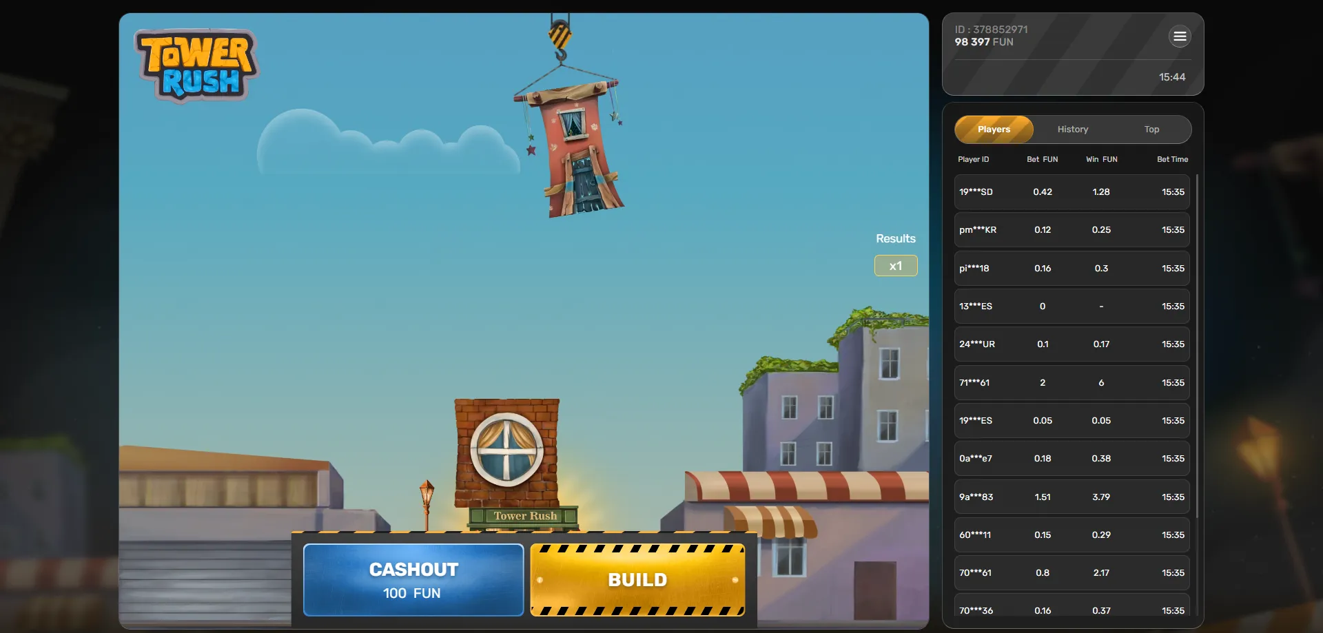 Tower Rush crash game mechanics — multiplier tower rising on screen